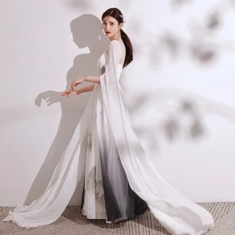 Chinese Style Gradient Color Ivory Printing Evening Dresses 2021 A Line Princess Scoop Neck Short Sleeve Floor Length Long Formal Dresses