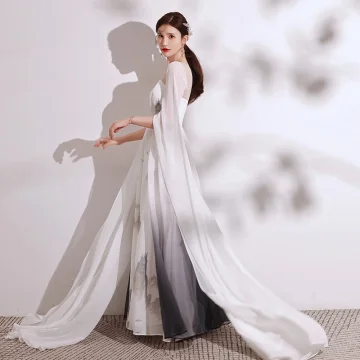 Style Chinois Dégradé De Couleur Ivoire Impression Robe De Soirée 2021 Princesse Encolure Dégagée Manches Courtes Longue Robe De Ceremonie