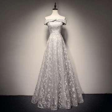 Chic Beautiful Grey Prom Dresses 2018 A Line Princess Star Beading Off The Shoulder Backless Sleeveless Floor Length Long Formal Dresses