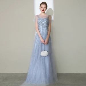 Haut De Gamme Argenté Fait Main Robe De Soirée 2020 Princesse Encolure Dégagée Perlage Faux Diamant Paillettes Manches Courtes Longue Robe De Ceremonie