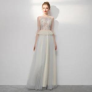 Charming Champagne Evening Dresses 2020 A Line Princess High Neck Beading Rhinestone Sequins Bell Sleeves Floor Length Long Formal Dresses