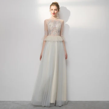 Charming Champagne Evening Dresses 2020 A Line Princess High Neck Beading Rhinestone Sequins Bell Sleeves Floor Length Long Formal Dresses