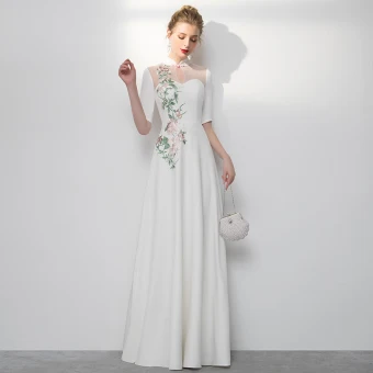 Style Chinois Ivoire Robe De Soirée 2020 Princesse Col Haut Brodé 1 2 Manches Longue Robe De Ceremonie