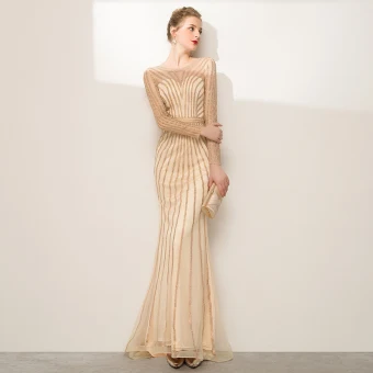 High End Champagne Rhinestone Avondjurken 2020 Trompet Zeemeermin Ronde Hals Lange Mouwen Lange Gelegenheid Jurken
