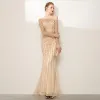 High-end Champagne Rhinestone Evening Dresses  2020 Trumpet / Mermaid Scoop Neck Long Sleeve Floor-Length / Long Formal Dresses