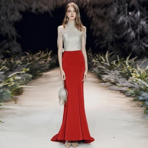 Charming Red Evening Dresses 2020 Trumpet Mermaid High Neck Beading Sequins Sleeveless Backless Sweep Train Formal Dresses