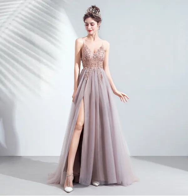Charming Blushing Pink Prom Dresses Evening Dresses  2020 A-Line / Princess Spaghetti Straps Beading Rhinestone Sequins Sleeveless Backless Split Front Floor-Length / Long Formal Dresses