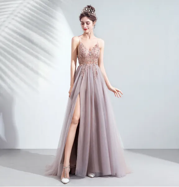 Uroczy Rumieniąc Różowy Sukienki Na Bal Sukienki Wieczorowe 2020 Princessa Spaghetti Pasy Frezowanie Rhinestone Cekiny Bez Rękawów Bez Pleców Podział Przodu Długie Sukienki Wizytowe