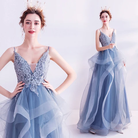 Elegant Pool Blue Prom Dresses 2020 A-Line / Princess Spaghetti Straps Rhinestone Sequins Lace Flower Sleeveless Backless Cascading Ruffles Floor-Length / Long Formal Dresses