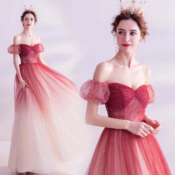 Charming Burgundy Gradient-Color Glitter Prom Dresses 2020 A-Line / Princess Off-The-Shoulder Crystal Sequins Short Sleeve Backless Floor-Length / Long Formal Dresses