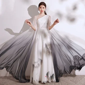 Chinese Style Gradient Color Ivory Printing Evening Dresses 2021 A Line Princess Scoop Neck Short Sleeve Floor Length Long Evening Party Formal Dresses
