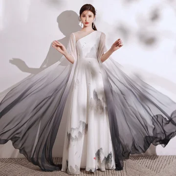 Style Chinois Dégradé De Couleur Ivoire Impression Robe De Soirée 2021 Princesse Encolure Dégagée Manches Courtes Longue Soirée Robe De Ceremonie