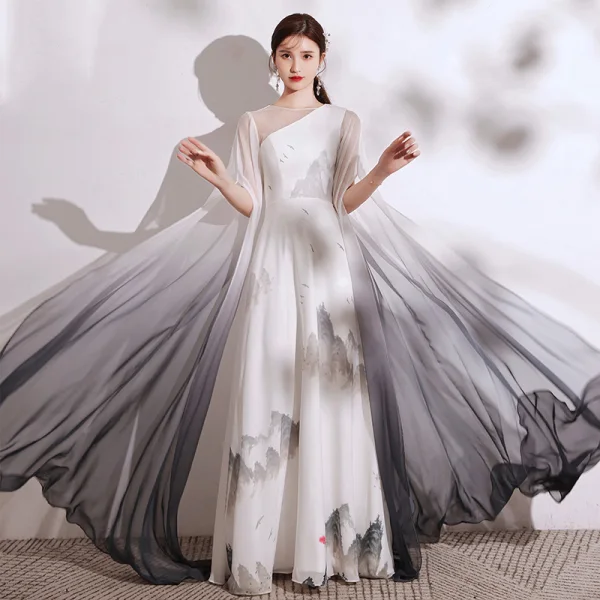 Chinese style Gradient-Color Ivory Printing Evening Dresses 2021 A-Line /  Princess Scoop Neck Short Sleeve
