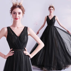 Chic Belle Noire Robe De Soirée 2020 Princesse V Cou Perlage Cristal Sans Manches Dos Nu Longue Robe De Ceremonie
