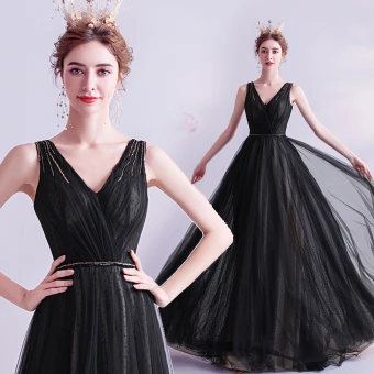 Chic Belle Noire Robe De Soirée 2020 Princesse V Cou Perlage Cristal Sans Manches Dos Nu Longue Robe De Ceremonie