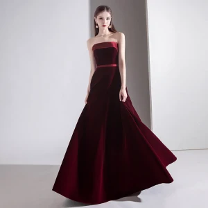 Simple Couleur Unie Bordeaux Robe De Soirée 2020 Princesse Bustier Daim Sans Manches Dos Nu Longue Robe De Ceremonie