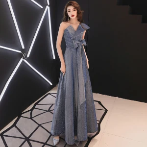 Sparkly Navy Blue Glitter Evening Dresses 2020 A Line Princess One Shoulder Bow Sleeveless Backless Floor Length Long Formal Dresses