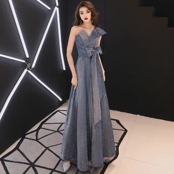 Scintillantes Bleu Marine Glitter Robe De Soirée 2020 Princesse Une Épaule Noeud Sans Manches Dos Nu Longue Robe De Ceremonie