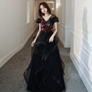 Fashion Black Evening Dresses 2020 A Line Princess V Neck Rhinestone Sequins Lace Flower Short Sleeve Backless Cascading Ruffles Floor Length Long Formal Dresses