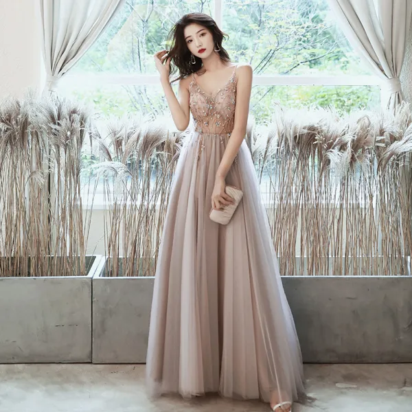 Fashion Nude Prom Dresses 2020 A-Line / Princess Spaghetti Straps Beading Rhinestone Sequins Sleeveless Backless Split Front Floor-Length / Long Formal Dresses