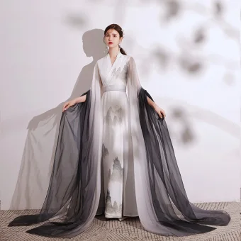 Style Chinois Dégradé De Couleur Blanche Impression Robe De Soirée 2021 Princesse V Cou Manches Courtes Longue Soirée Robe De Ceremonie