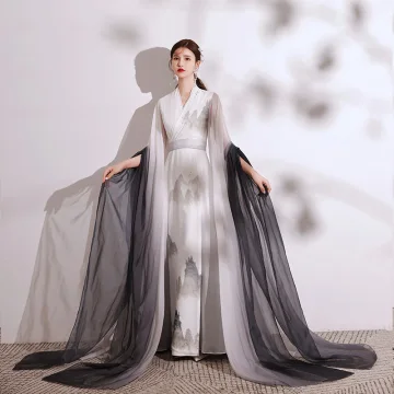 Chinese Style Gradient Color White Printing Evening Dresses 2021 A Line Princess V Neck Short Sleeve Floor Length Long Evening Party Formal Dresses
