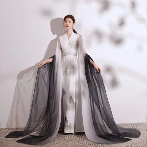 Estilo Chino Degradado De Color Blanco Impresión Vestidos De Noche 2021 A Line Princess V Cuello Manga Corta Largos Noche Vestidos Formales