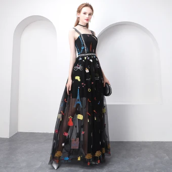 Chic Beautiful Black Evening Dresses 2018 A Line Princess Cartoon Spaghetti Straps Backless Sleeveless Floor Length Long Formal Dresses