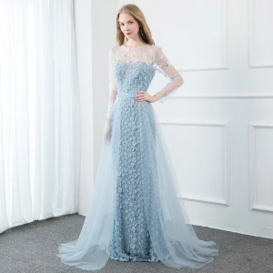 Fabuleux Bleu Ciel Robe De Soirée 2020 Trompette Sirène Encolure Dégagée Perle Faux Diamant En Dentelle Fleur Appliques Manches Longues Longue Robe De Ceremonie