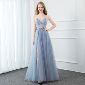 Sexy Bleu Ciel Robe De Bal 2020 Princesse Bretelles Spaghetti Perlage Cristal Paillettes Perle Sans Manches Dos Nu Fendue Devant Longue Robe De Ceremonie