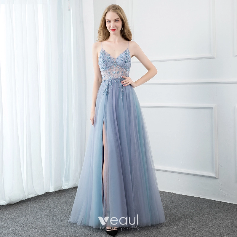 Spaghetti Long A-line Light Blue Lace Prom Dresses, Long Prom Dresses, 2020 Prom Dresses
