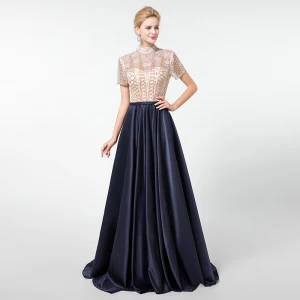 Vintage Originale Bleu Marine Fait Main Perlage Robe De Soirée 2020 Princesse Col Haut Faux Diamant Cristal Paillettes Manches Courtes Longue Robe De Ceremonie