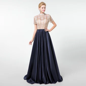 Vintage Originale Bleu Marine Fait Main Perlage Robe De Soirée 2020 Princesse Col Haut Faux Diamant Cristal Paillettes Manches Courtes Longue Robe De Ceremonie