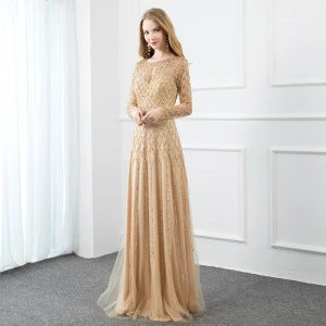 Haut De Gamme Doré Fait Main Robe De Soirée 2020 Princesse Encolure Dégagée Perlage Perle Paillettes Manches Longues Longue Robe De Ceremonie