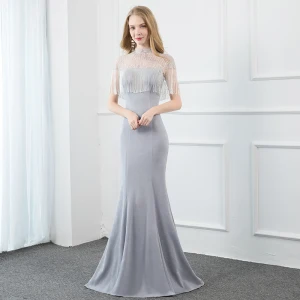 Elegant Silver Grey Evening Dresses 2020 Trumpet Mermaid High Neck Beading Tassel Short Sleeve Backless Sweep Train Formal Dresses