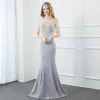 Elegant Silver Grey Evening Dresses  2020 Trumpet / Mermaid High Neck Beading Tassel Short Sleeve Backless Sweep Train Formal Dresses