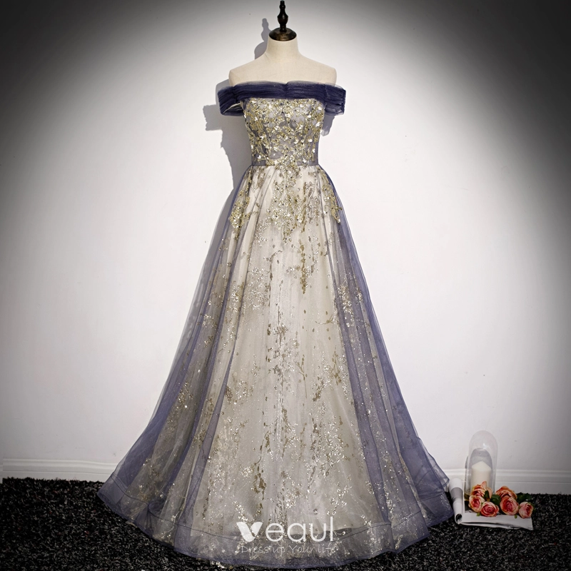 gold dresses for quinceanera Madalyn Metallic A-line Prom Dress: Gold & Purple Halter Gown with Slit main image 1