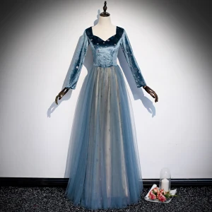 Élégant Bleu Étoile Robe De Bal 2020 Princesse Daim V Cou Manches Longues Longue Robe De Ceremonie