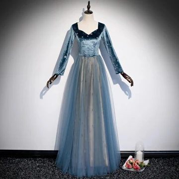 Elegant Pool Blue Star Prom Dresses 2020 A Line Princess Suede V Neck Long Sleeve Floor Length Long Formal Dresses