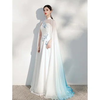 Chinese Style Ivory Silk Cheongsam Qipao Evening Dresses 2021 A Line Princess Shawl High Neck Lace Flower Sleeveless Floor Length Long Formal Dresses