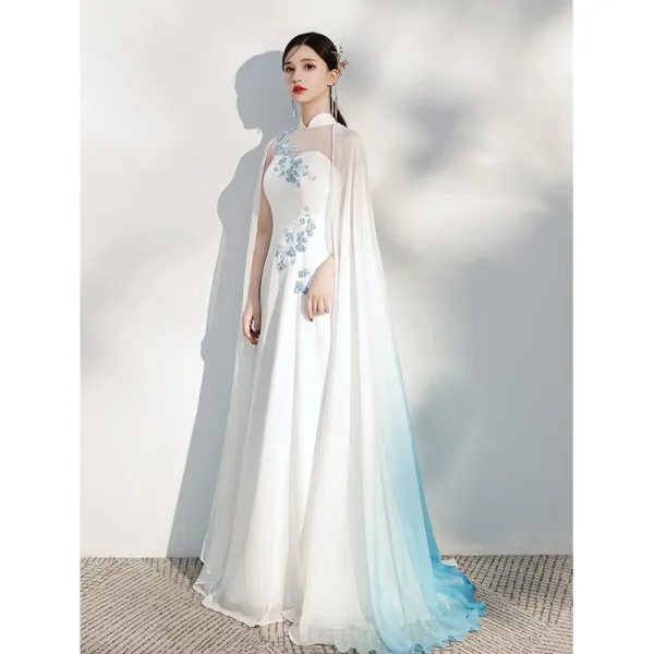 Kinesisk Stil Elfenben Silke Cheongsam Aftonklänningar 2021 Prinsessa sjal Hög Hals Spets Blomma Ärmlös Långa Formella Klänningar