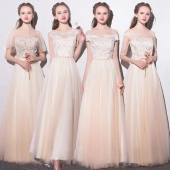 Chic Beautiful Champagne Bridesmaid Dresses 2018 A Line Princess Appliques Bow Scoop Neck Backless Short Sleeve Floor Length Long Wedding Party Dresses