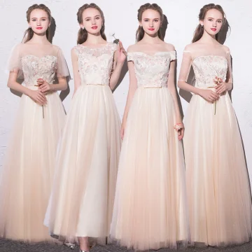 Chic Beautiful Champagne Bridesmaid Dresses 2018 A Line Princess Appliques Bow Scoop Neck Backless Short Sleeve Floor Length Long Wedding Party Dresses