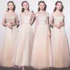 Chic / Beautiful Champagne Bridesmaid Dresses 2018 A-Line / Princess Appliques Bow Scoop Neck Backless Short Sleeve Floor-Length / Long Wedding Party Dresses