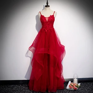 Charming Red Prom Dresses 2020 A Line Princess Spaghetti Straps Beading Crystal Sequins Lace Flower Sleeveless Backless Cascading Ruffles Floor Length Long Formal Dresses