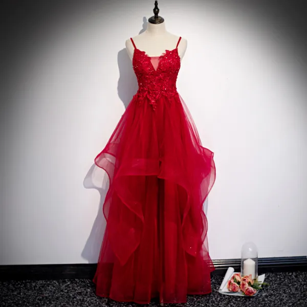 Charming Red Prom Dresses 2020 A-Line / Princess Spaghetti Straps Beading Crystal Sequins Lace Flower Sleeveless Backless Cascading Ruffles Floor-Length / Long Formal Dresses