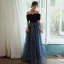 Charmant Marineblau Star Abendkleider 2020 A Linie Wildleder Off Shoulder Schleife Kurze Ärmel Rückenfreies Lange Festliche Kleider