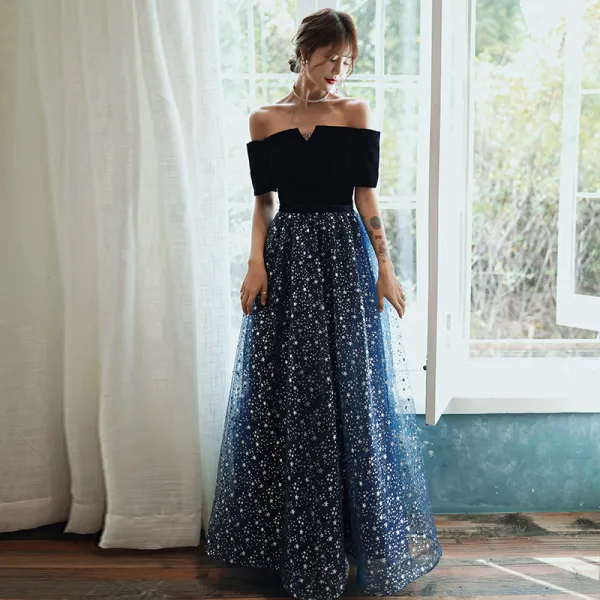 Charming Navy Blue Star Sequins Prom Dresses 2021 A Line Princess V Neck Short Sleeve Backless Floor Length Long Formal Dresses