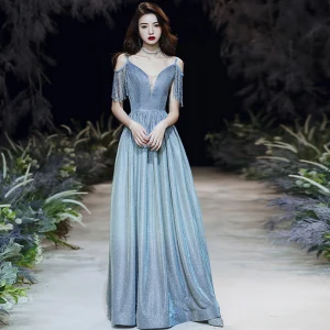 Charming Pool Blue Glitter Evening Dresses 2020 A Line Princess Spaghetti Straps Beading Tassel Sleeveless Backless Floor Length Long Formal Dresses