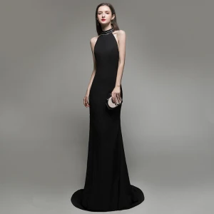 Sexy Solid Color Black Evening Dresses 2020 Trumpet Mermaid Halter Beading Sleeveless Backless Sweep Train Formal Dresses